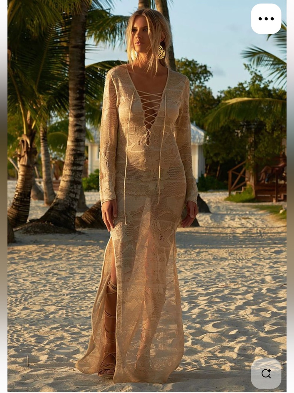 Melissa Odabash Gold Lurex Crochet Lace Up Maxi Beach Cover Up Dress S NEW